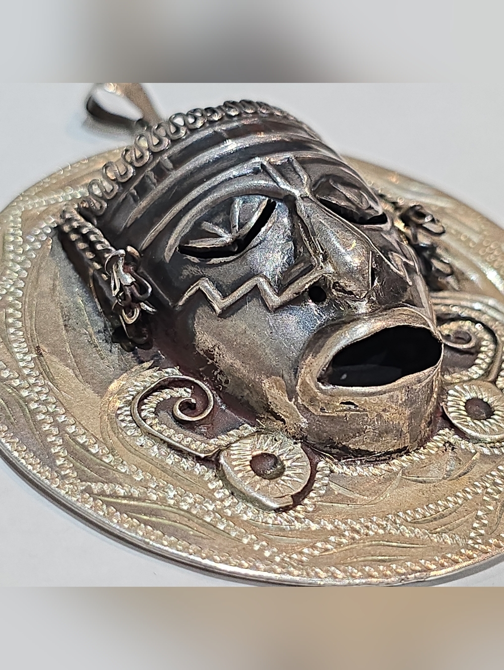 Mexico Sterling Silver Pendant Mask Taxco Vintage 925 Aztec